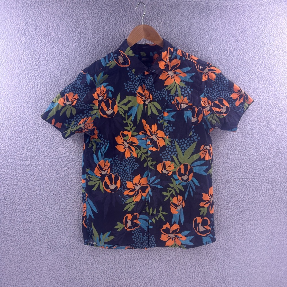 Roark Mens Classic Fit Tropical Floral Button Down Shirt Navy Orange Medium